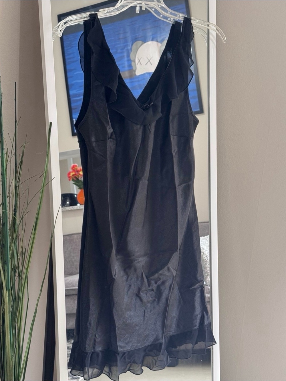 Vintage Inner Most Sears Black Satin Ruffle Slip Dress Size S